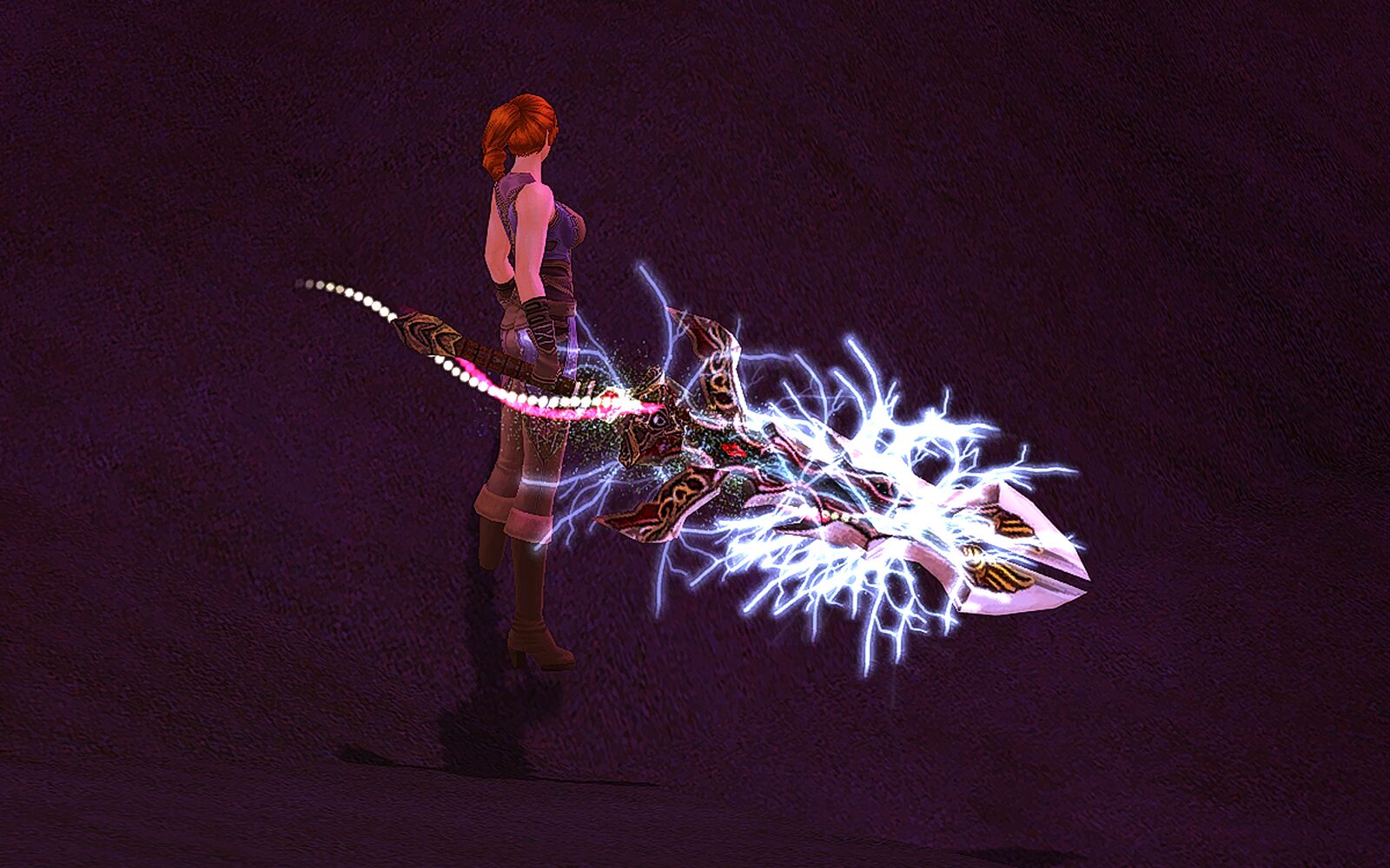 In-game screenshot: a fighter holding a huge two-handed sword wrapped in white-blue lightning