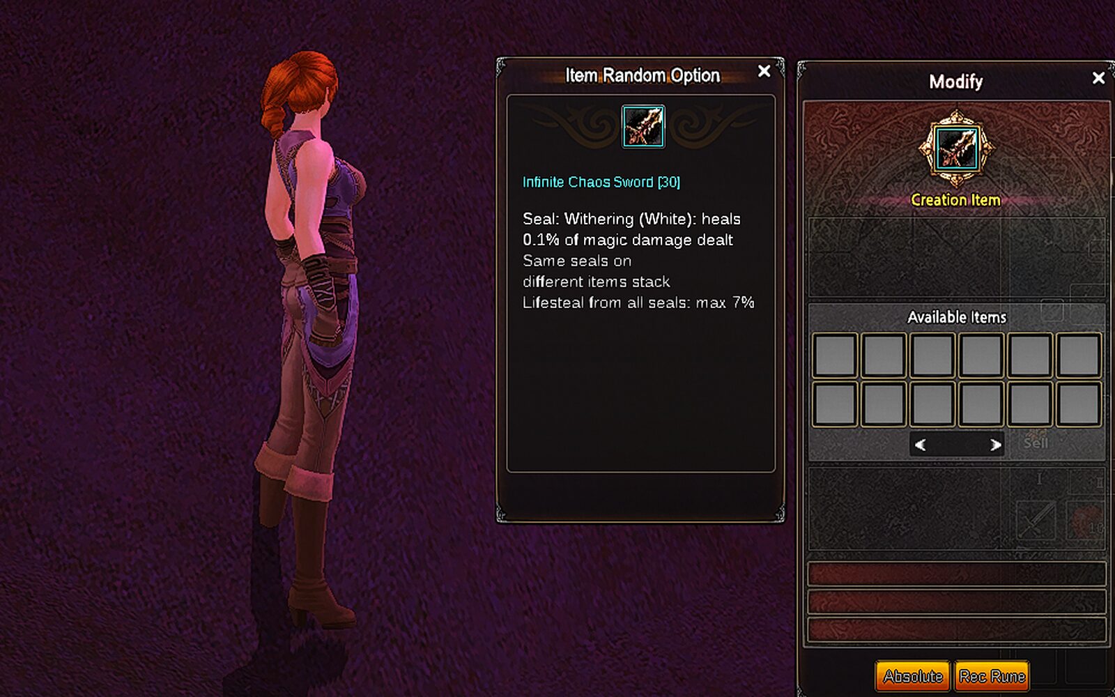 In-game screenshot: the Item Random Option window shows a +30 sword sealed with Withering (White), next to the Modify window and a fighter