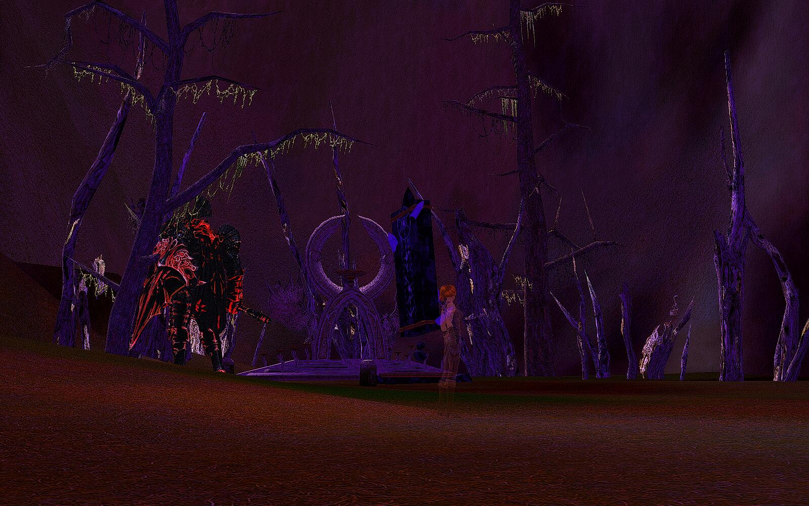 In-game screenshot: a black-and-red armoured giant beside a carved rune arch and a dark crystal spire in a dead forest