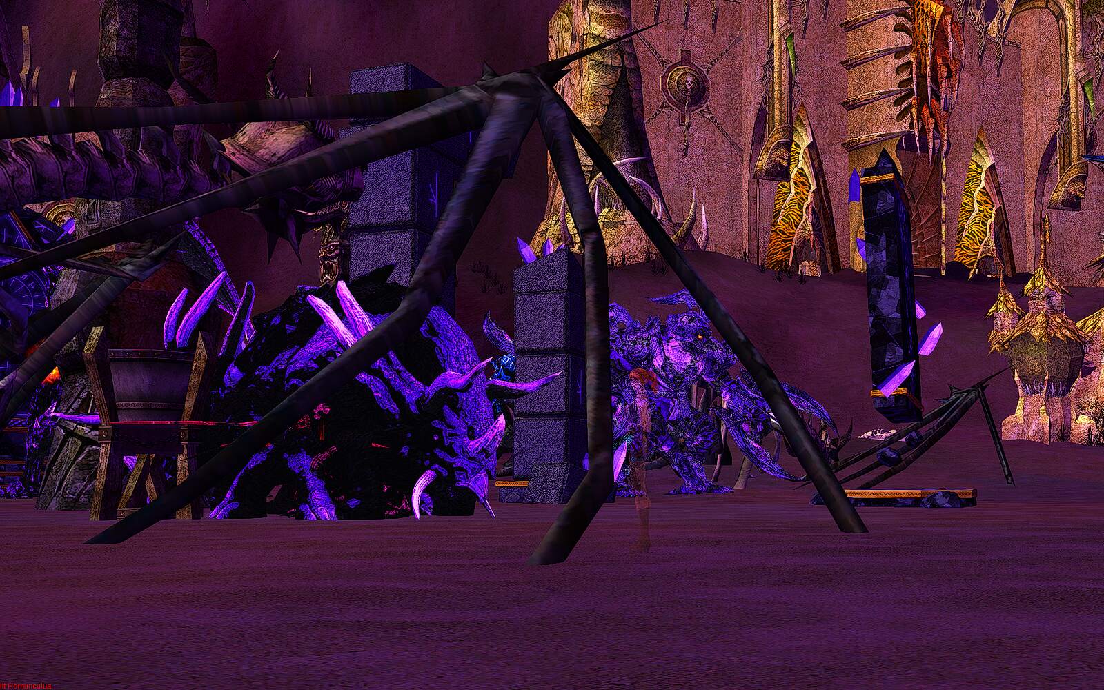 In-game screenshot: armoured void beasts among giant rib bones and dark crystal pillars in front of a ruined golden fortress under a purple sky