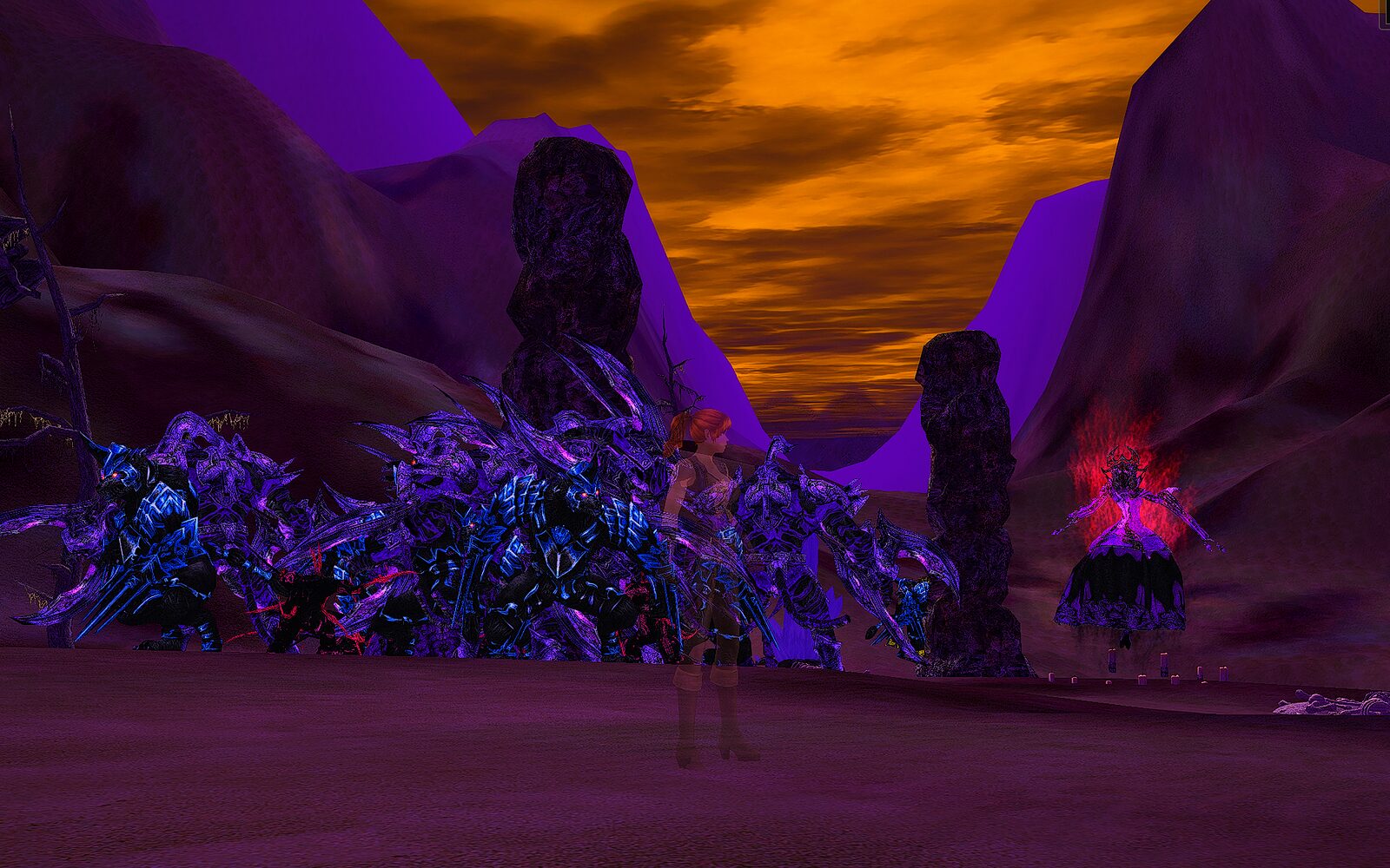 In-game screenshot: Queen Morvaine in a red aura beside a pack of armoured void beasts under an orange sky, a player in the foreground